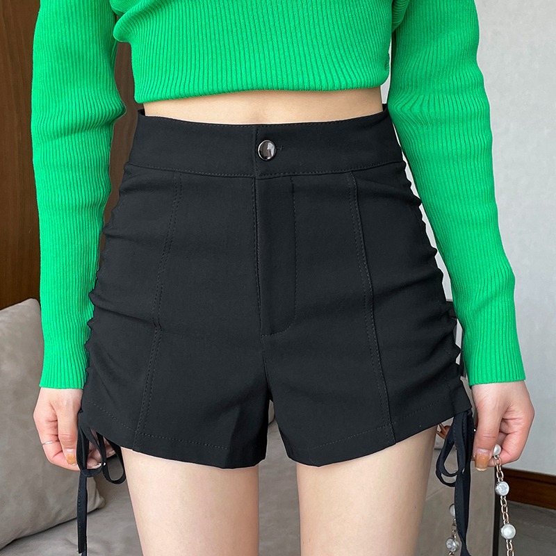 Black Casual Pants with Lace up on Both Sides, Women's 2025 Spring and Summer Korean Style Versatile Slimming Look Outer Shorts