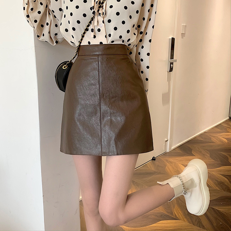 This year's popular high waist slimming PU leather skirt 2024 autumn and winter small a-line skirt children's black bag