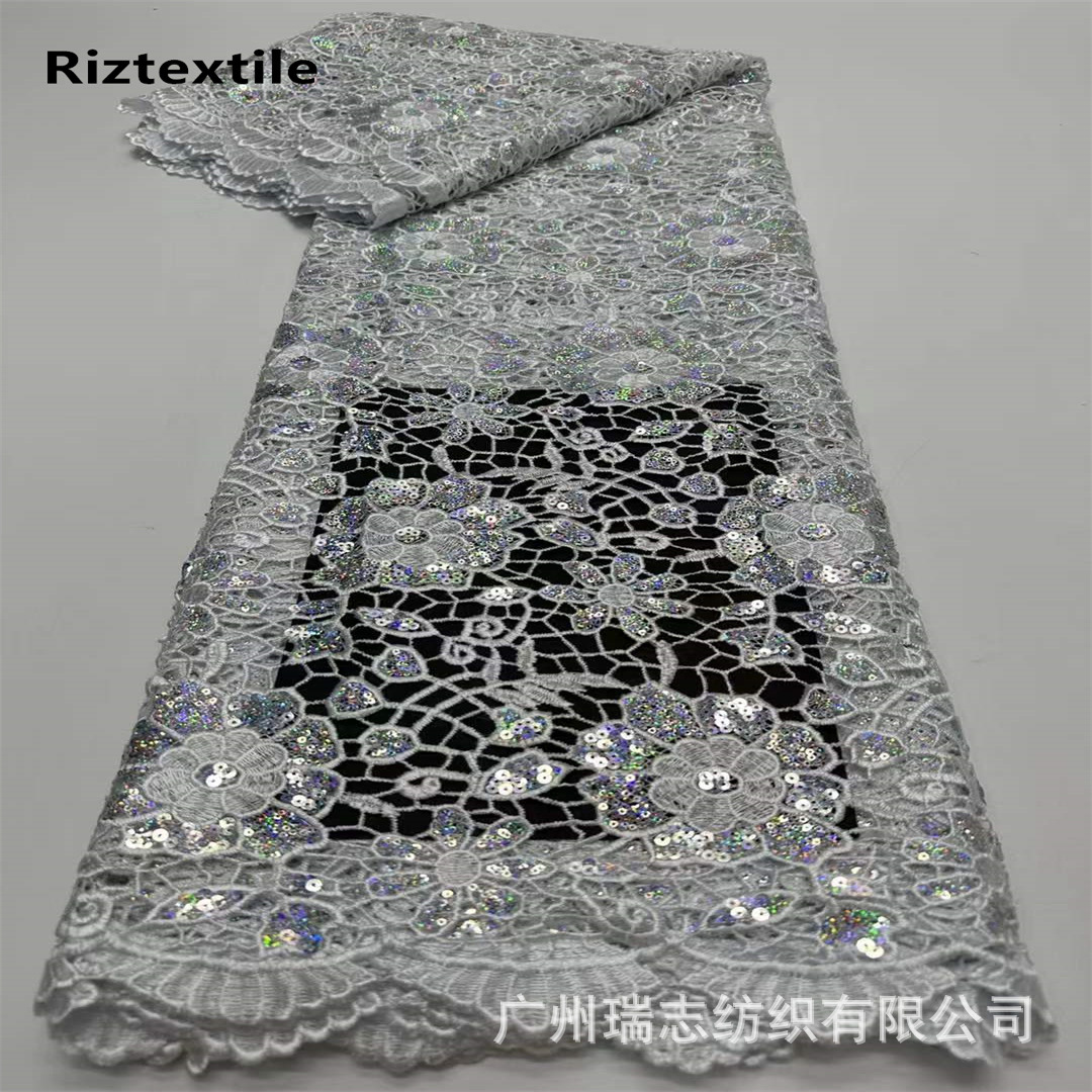 Picture of Nigeria Hollow Sequin Water Soluble Embroidered Cloth African Wedding Dress Dress Lace Fabric african lace