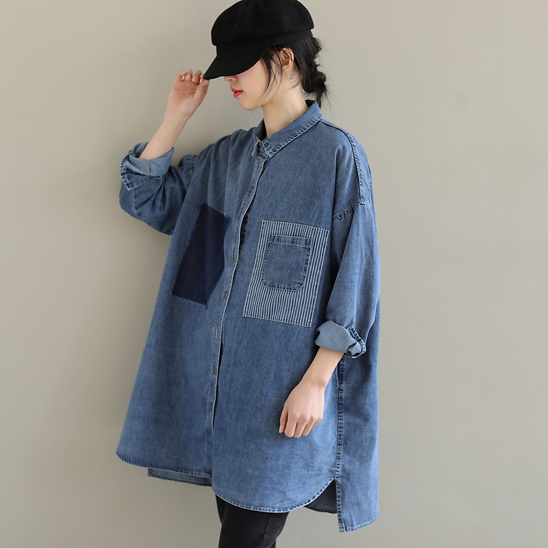2024 New Spring and Autumn Korean Style All-match Artistic Loose Long Sleeve Padded Fabric Striped Pocket Denim Shirt Top