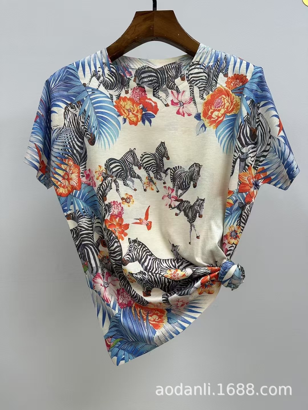 New Summer Dress All-body Printed Baby Cotton Style Pattern Casual All-match Elegant Loose Round Neck Short-sleeved T-shirt