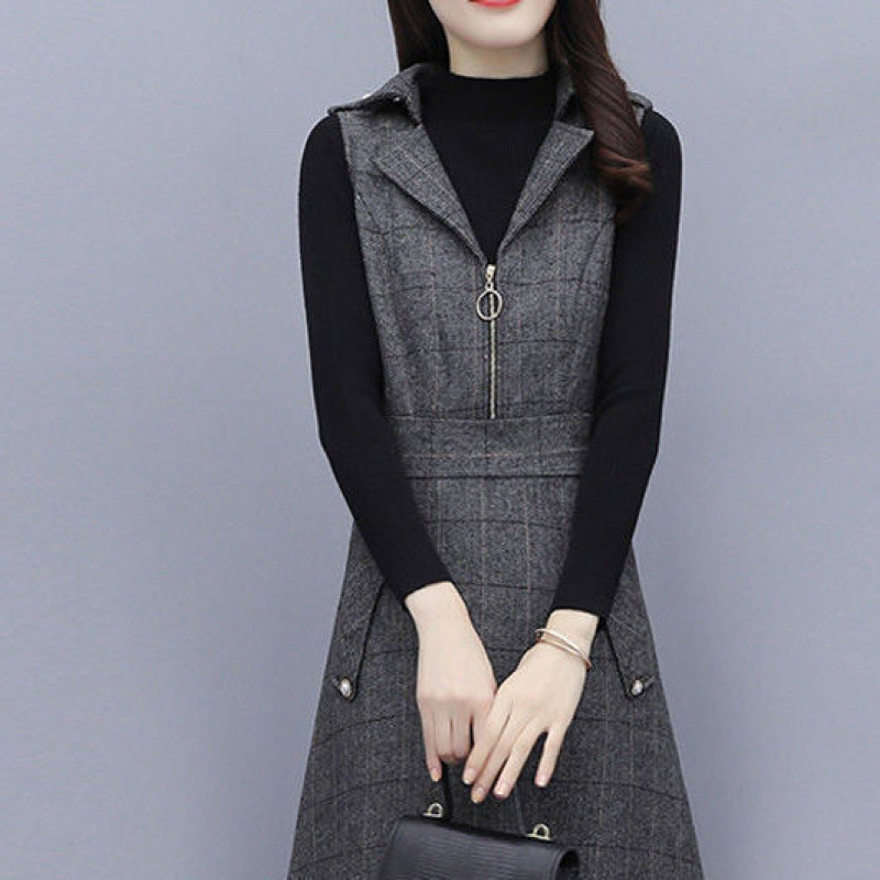 Picture of Single Piece/suit Vest Dress Women's Autumn and Winter Wool Plaid Sleeveless dress Outer Wear Slimming Mid-length A- line Dress