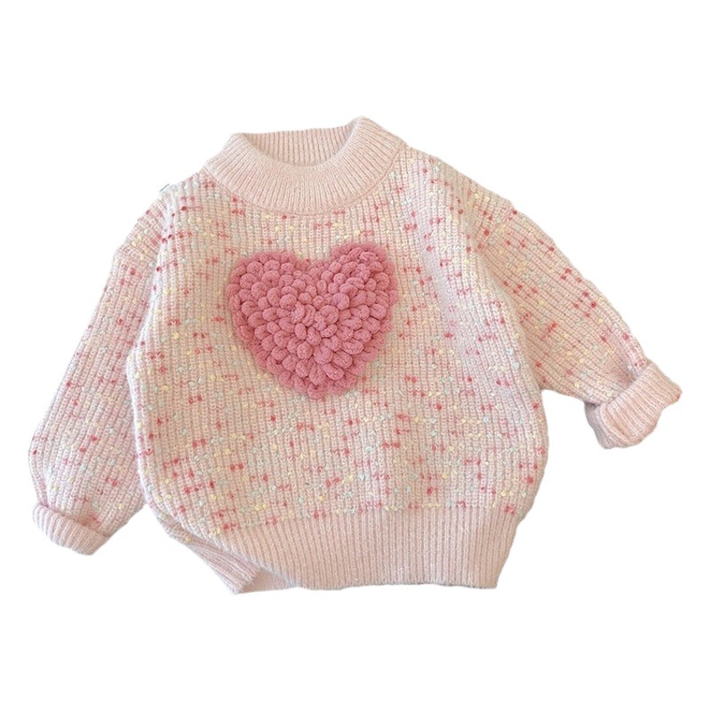 Girls Korean Style Heart Thickeneded Sweater 2025 Winter Baby Fashionable Warm Kidsren's Winter Thick Sweater