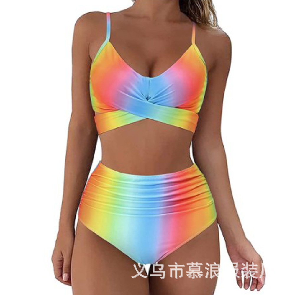2022 New European and American Cross-border bikini Women's High Waist Split Cross Bag Swimsuit Colorful bikini
