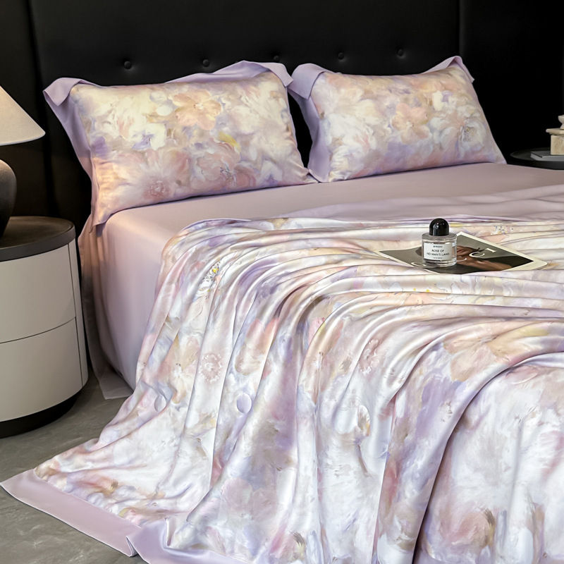 Picture of Super Cool Lenzing Tencel Summer Cool Quilt Four-Piece Set A-Type Pink Floral Ice Silk Air-Conditioned Quilt Thin Quilt Machine Washable 4