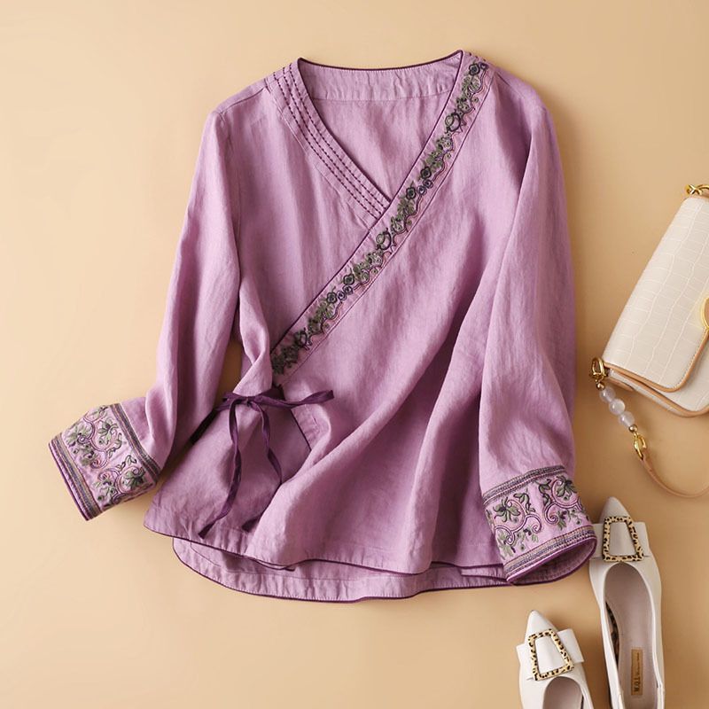 Picture of Summer Ethnic Style Women's Cotton and Linen Slant Placket Embroidered Top Artistic Retro Loose Modified Hanfu Ancient Style Tea Zen Clothing