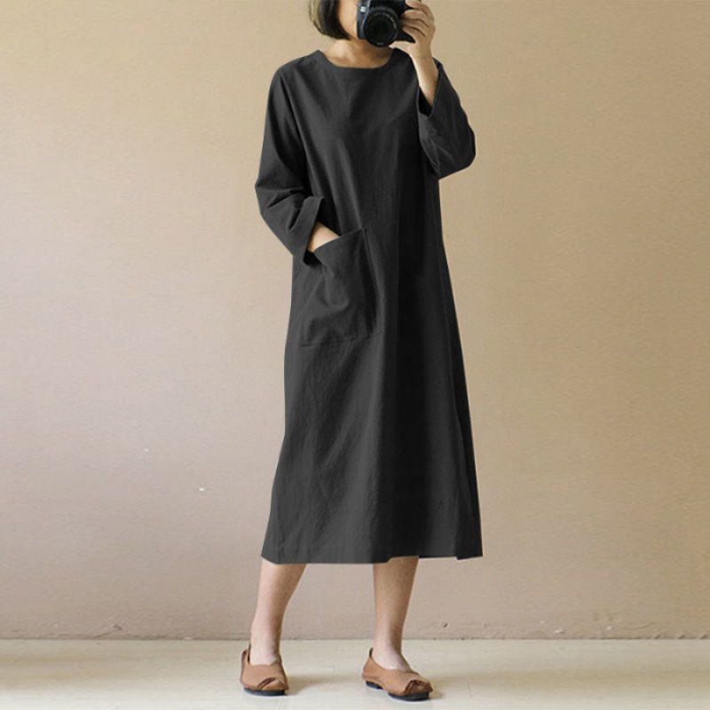 Picture of Cross-border Spring and Autumn Cotton and Linen dress Mid-length Artistic Retro Long-sleeved Japanese Mori Women's plus size Dress Trend