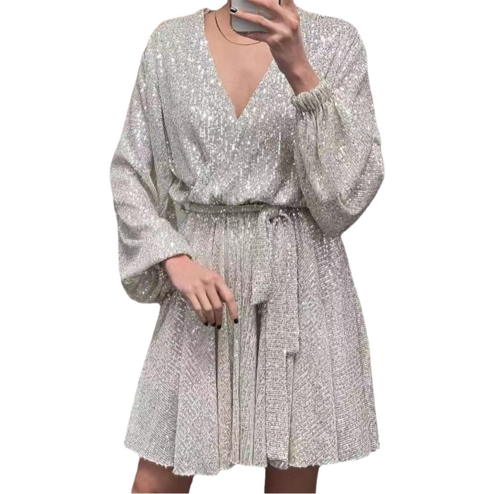 AliExpress ebay Amazon wish New V-neck beaded dress sequin long sleeve dress nightclub INS