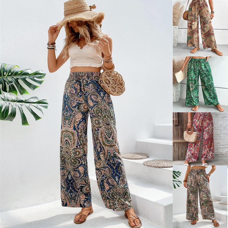 Amazon Tiktoktemu European and American women's clothing 2024 summer new fashion Joker printed elastic waist wide leg pants