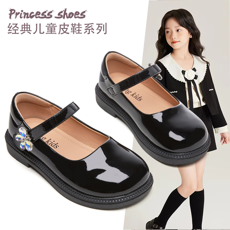 Girls' Princess Leather Shoes 2025 Spring and Autumn New Style for Older Children, Girls' Mary Jane Shoes in Black and Beige with Rhinestones