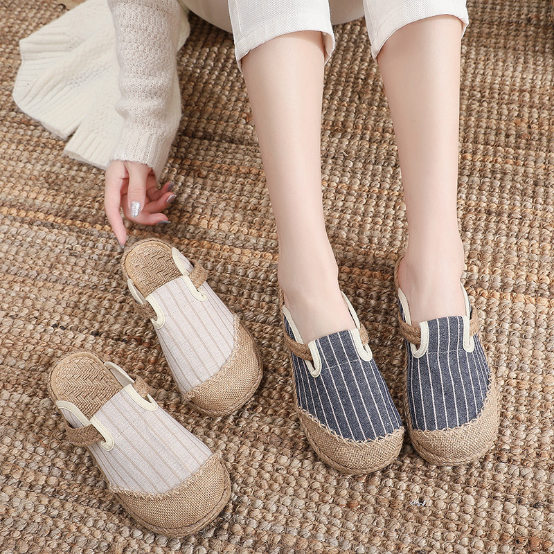 Picture of 2025 new vertical strip home cotton and linen embroidered shoes women's non-slip tpr soft bottom slippers handmade big toe shoes