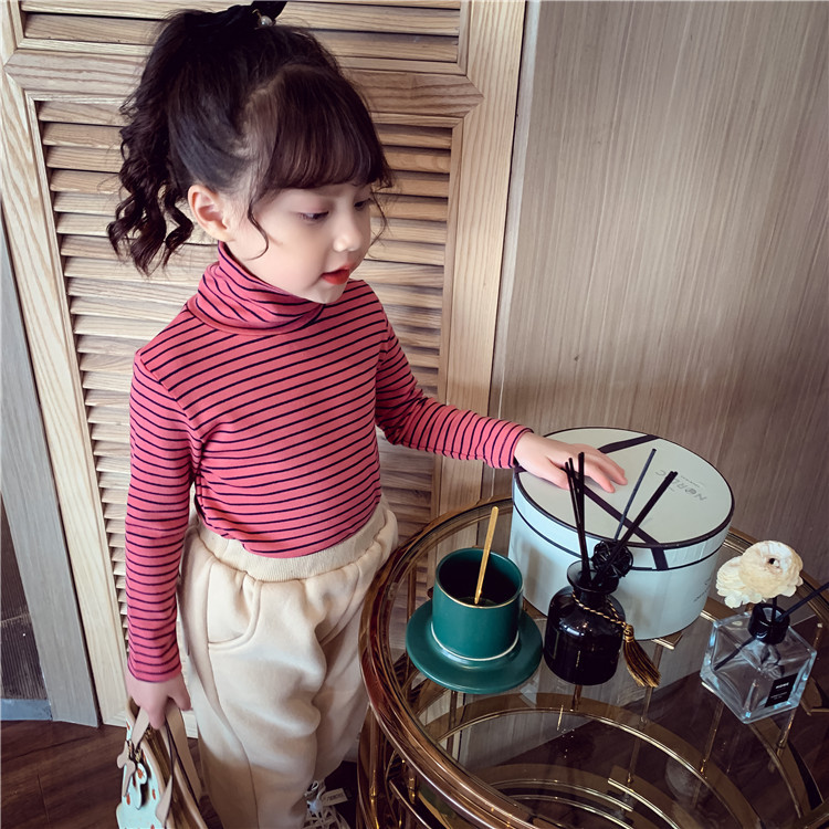 Picture of Children's Winter Girls' Base Shirt Autumn Outfit for Older Children, German Velvet Striped High-Neck Fleece Top, Children's Warm Top