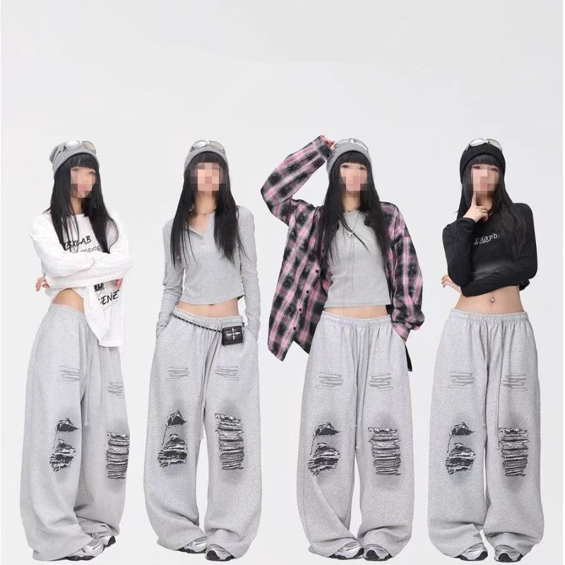 New Drawstring Street Dance Trendy Gray Screen-Printed Ripped Pattern Hip-Hop Long Pants Street Jazz Retro Sports Pants