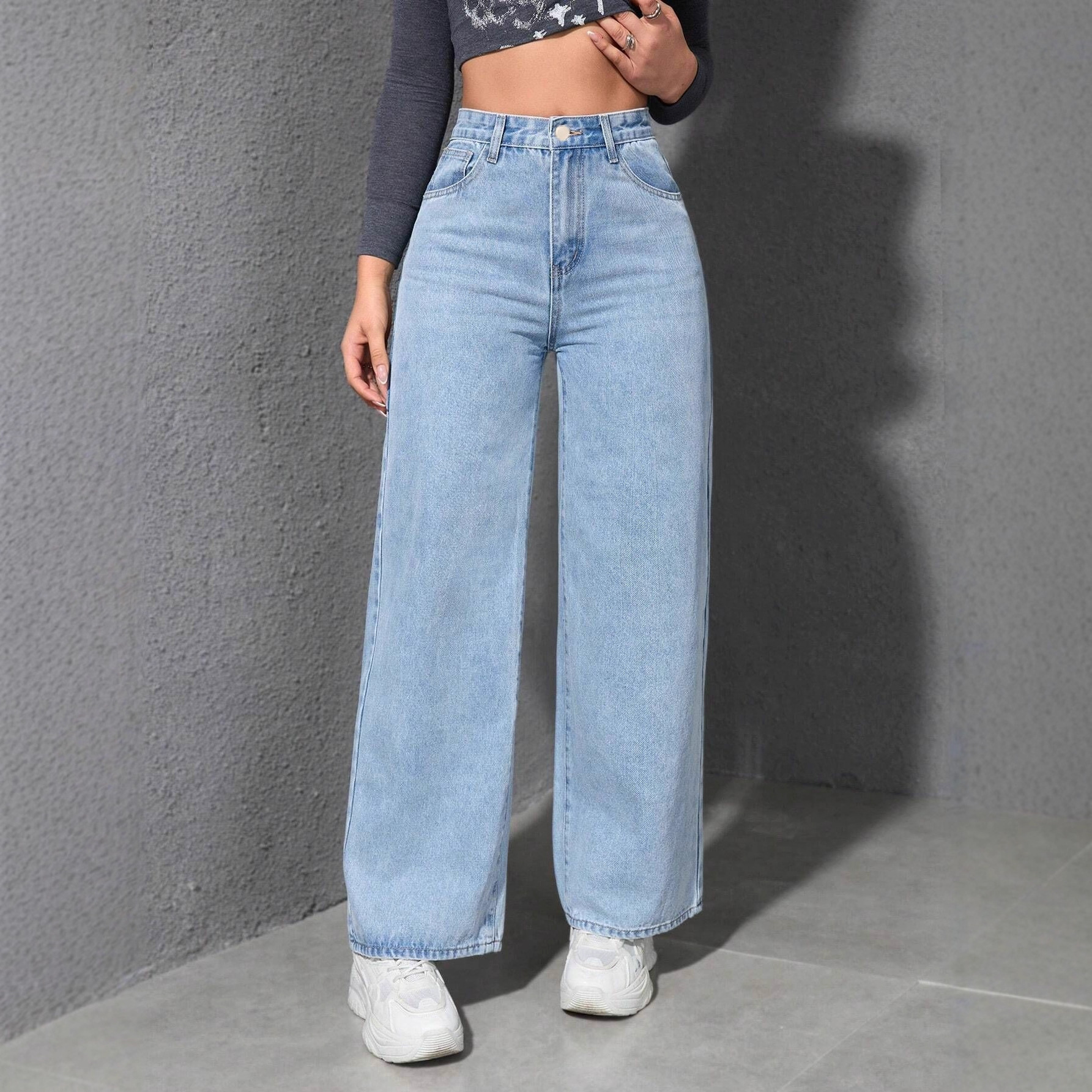 Cross-border Straight Slim Wide Leg Jeans Women's Washing Water Mop Loose Denim Pants American New Spring 2