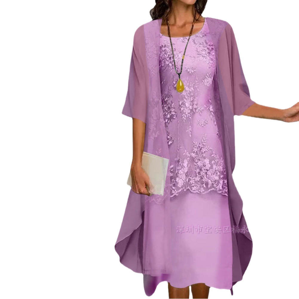 Picture of European and American Hot-Selling Independent Site Amazon Wish Hot Spring & Fall Fashionable and Elegant Lace Chiffon Dress Two-Piece Set