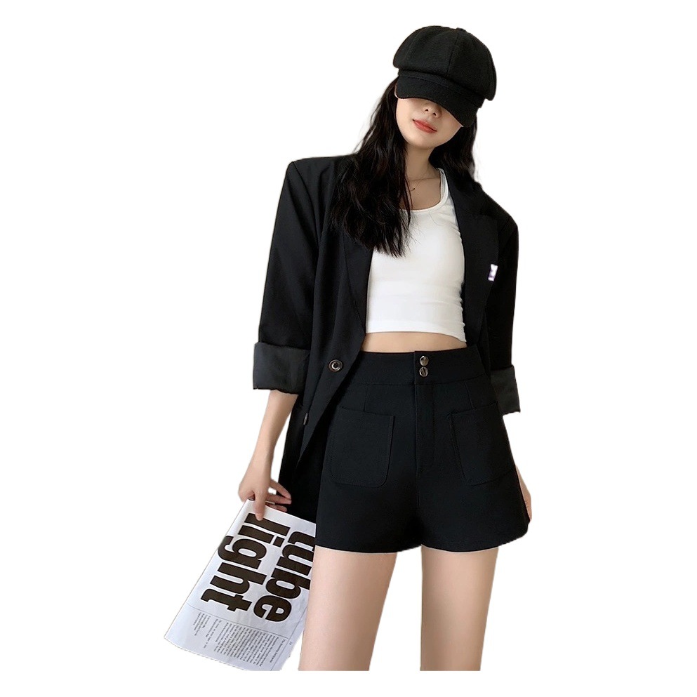 Black high waist shorts women's elastic A- line loose casual pants for early autumn versatile slimming sheath hot pants for hot girls