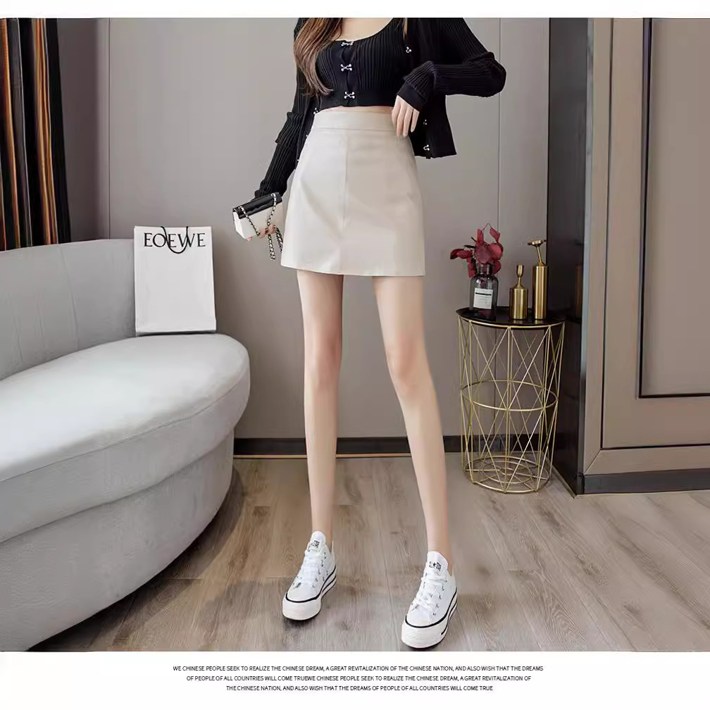 2023 Autumn and Winter New PU Leather Skirt Skirt Women's High Waist Slimming Hip A Short Skirt Black Casual Small Leather Skirt