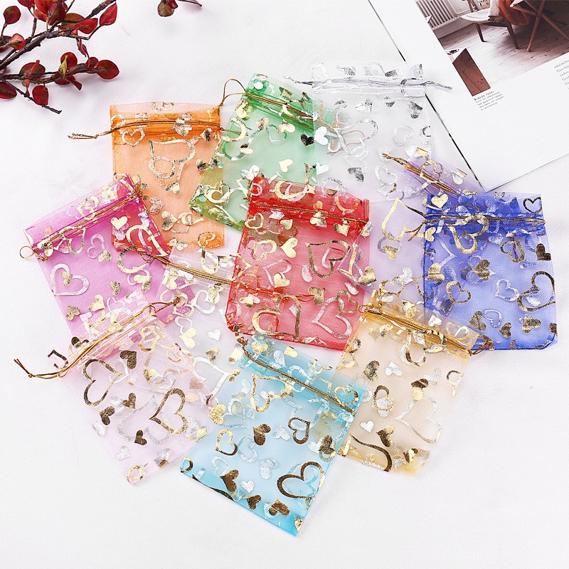 Mesh Bag, Bronzing Heart Gauze Bag, Organza Bag, Jewelry Drawstring Gauze Bag, Candy Gift Packaging Bag