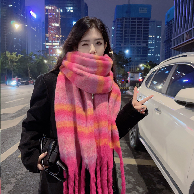 Picture of New Style Striped Mohair Plaid Scarf Women's Winter Warm Thickened Long Trendy Instagram Style Student Couple Scarf