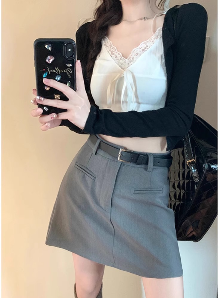 Grey High Waist Suit Skirt Women's 2024 Spring New College Style Hot Girl Little A- line Hip Skirt
