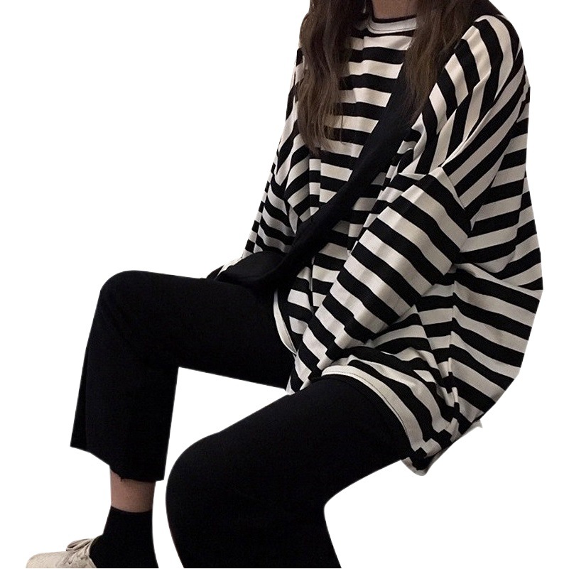 Autumn Clothing 2025 New Harajuku Style Ins Trendy Black and White Striped Early Autumn Loose Long-Sleeved T-Shirt for Female Students