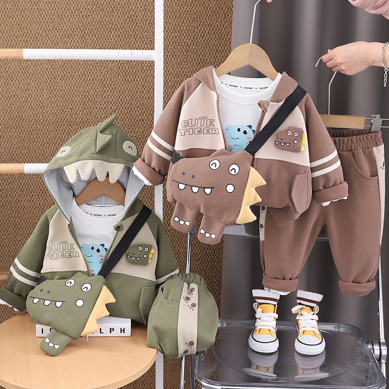 Children's Sports Casual Wear Children's Suit Three-Piece Children's Cartoon Hooded Zipper Cardigan Spring and Autumn New Sweater