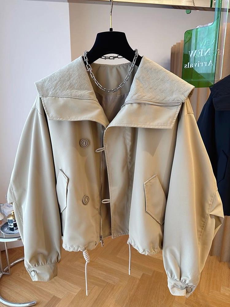 Picture of Short Coat Women's Spring and Autumn Navy Collar Korean Casual Trendy Loose Western-style Design Buckle Jacket Top Niche