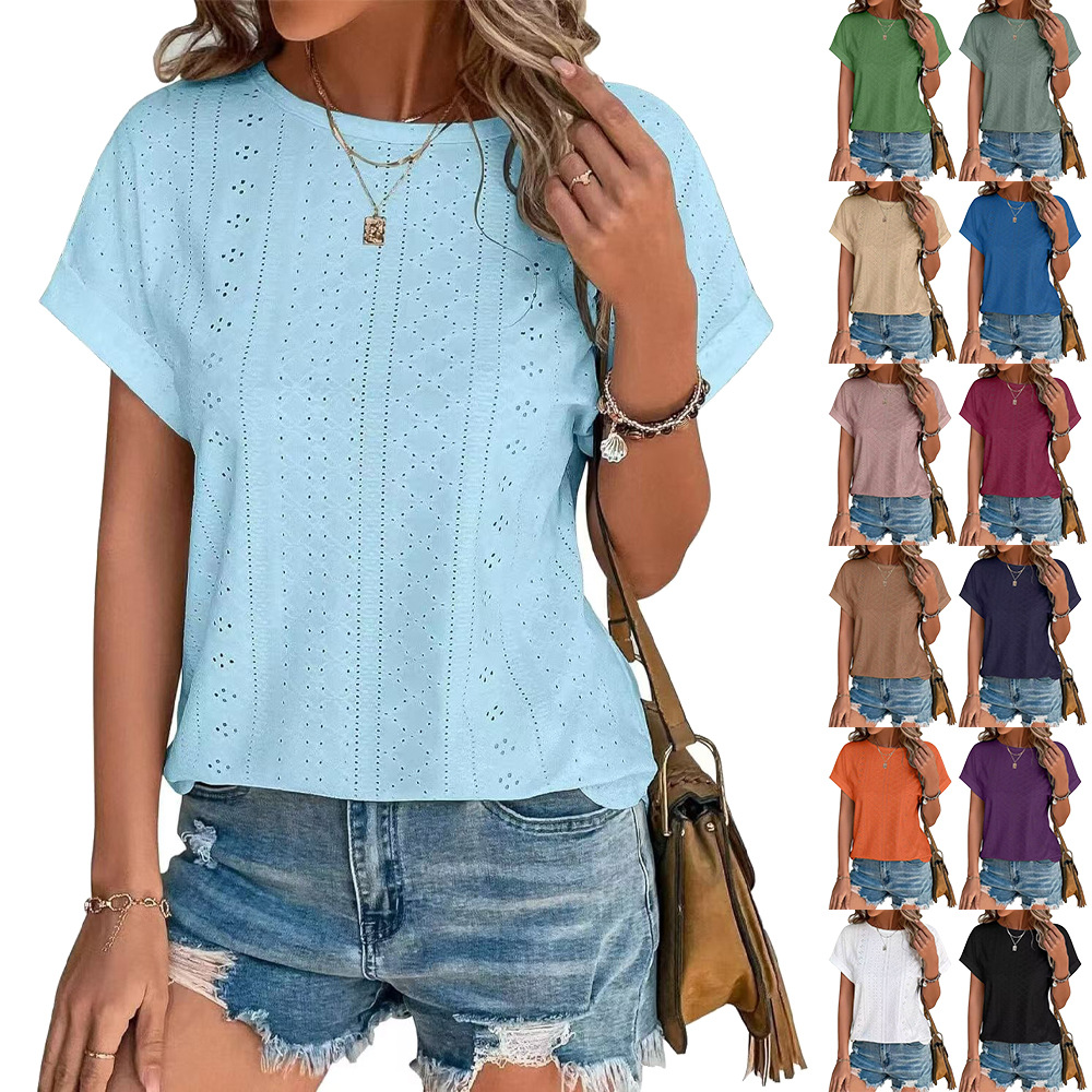 Amazon Europe and the United States cross-border foreign trade 2025 spring and summer new solid color round neck loose short sleeve T-shirt top women's in stock