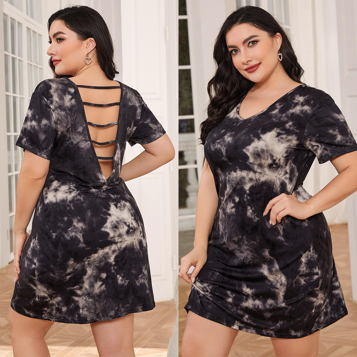 Foreign Trade European and American Large Size Pajamas Women's Summer Nightgown Women's Short-Sleeved Tie-Dye Backless Sexy Home Dress Amazon