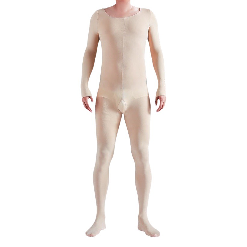 Men's winter fleece-lined jumpsuit thickened warm cold-proof back off full body clothes sexy tight flesh-colored leggings