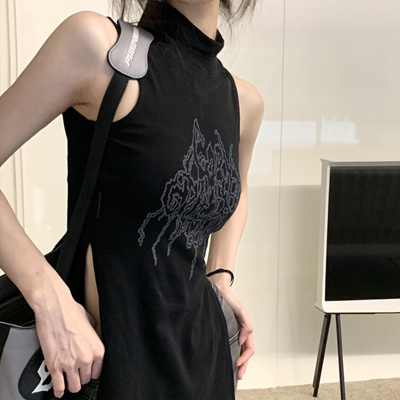 Cross-border factory summer national style national tide hot girl skirt retro Chinese slim split sleeveless vest top women's clothing