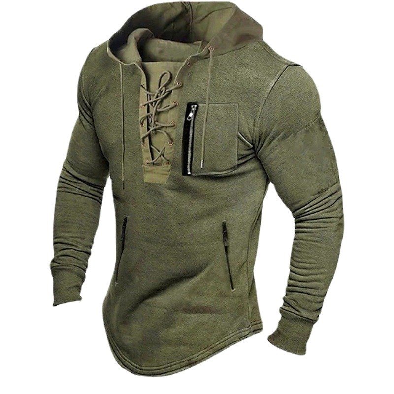 2024 men's spring and autumn hoodie solid color lace-up zipper pocket sports streetwear bronzing sweatshirt in stock