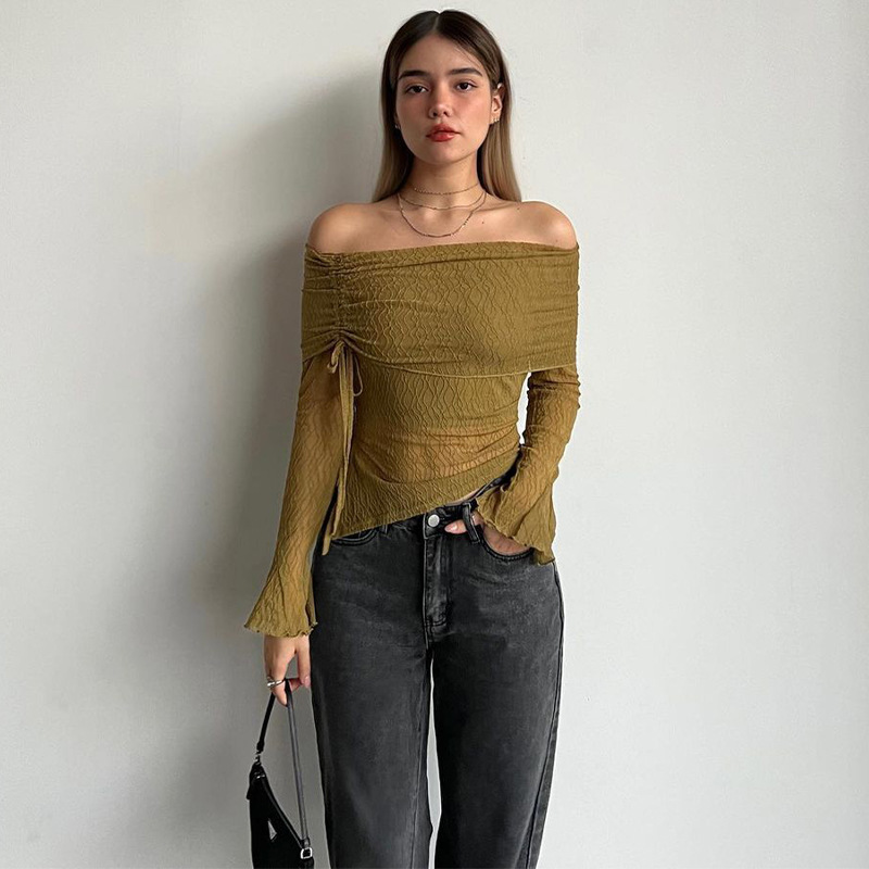 Picture of Jfl154 European and American Ins Style Women's Clothing 2025 Summer New Pure Lust Style Sexy One-Line Collar Off-Shoulder Long-Sleeved Knitted