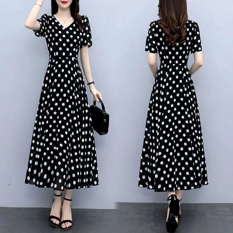 Picture of Summer 2024 New Fashionable Polka-Dot Chiffon Dress with Slim Waist and Western Style Long Over-The-Knee Long Skirt