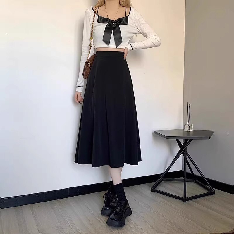 Picture of Women's skirt autumn and winter 2023 new mid-length high waist slimming A- line skirt black small large swing umbrella skirt