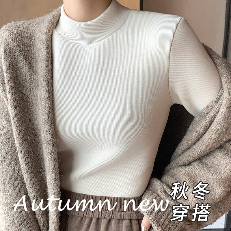 Half-turtleneck Slim-fit Knit Base Shirt fleece-lined Warm Top Autumn and Winter Small turtleneck Women's Long Sleeve