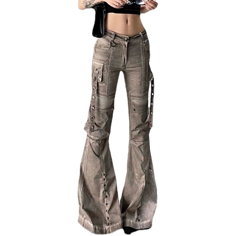 American Style plus size Washed Brown Tooling Jeans Women's Street Stretch Slim-Fit Slimming Three-Dimensional Pocket Trousers