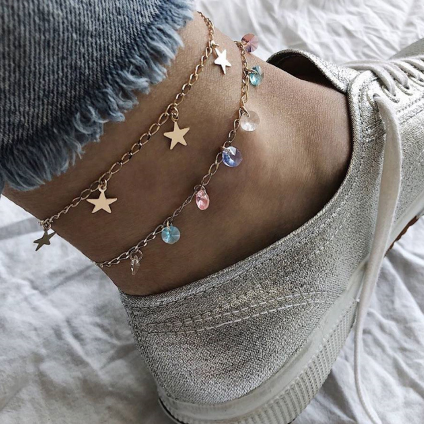 Street shooting trendy women's colored diamond five-pointed star multi-layer anklet suit wholesale cross-border handmade