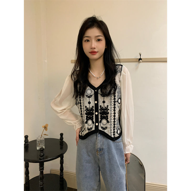 Picture of Shirt Spring Women's 2023 New Long-sleeved French Retro Gouhua Lace Puff Sleeve V-neck Sweater Top Trendy 1
