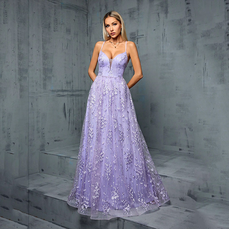 Foreign Trade Evening Dress Sling Super Heavy Glitter Sequins V-neck Leaky Chest High-end Annual Party Evening Dress