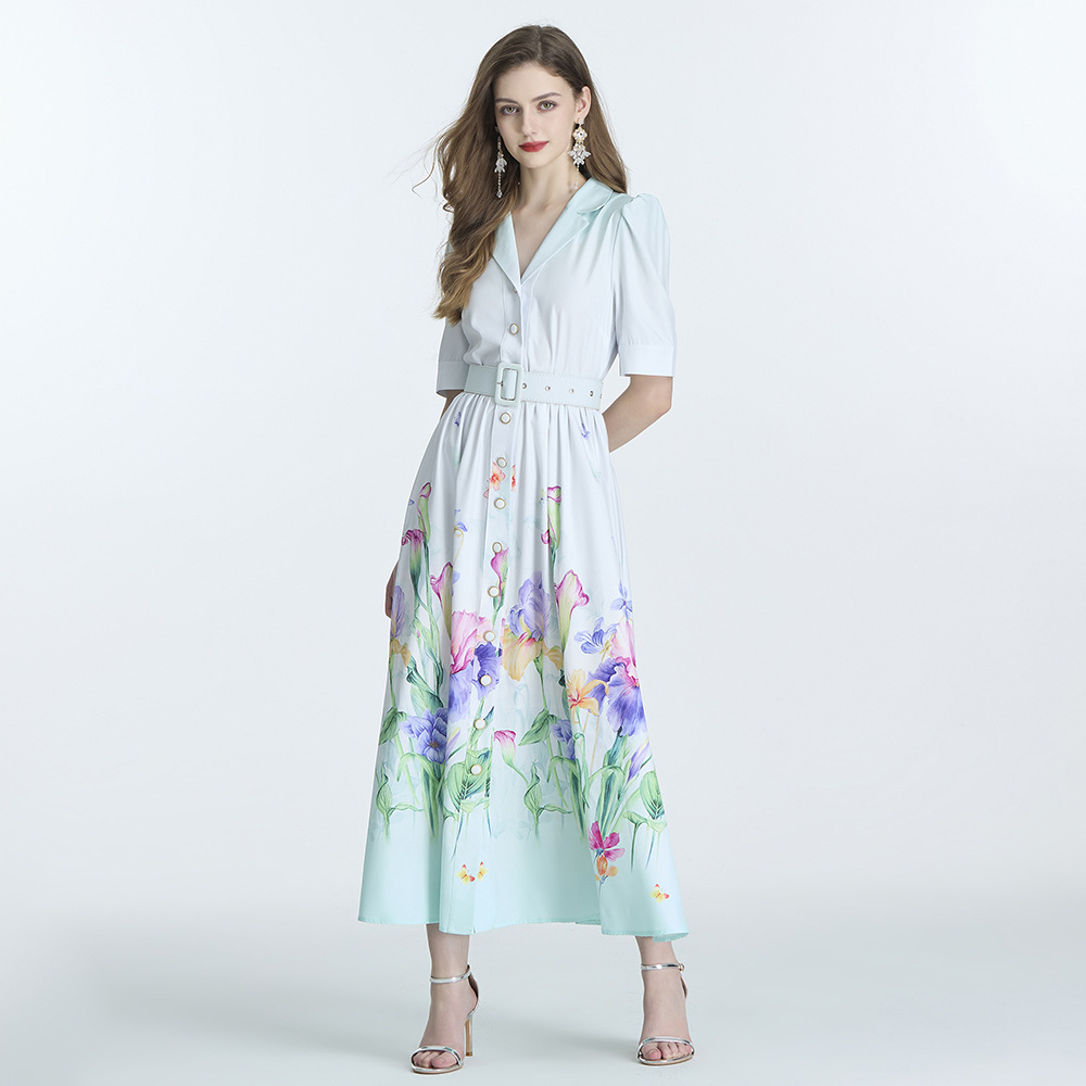 Picture of Original design -2024V-neck painted printed short sleeve waist frock flounced skirt