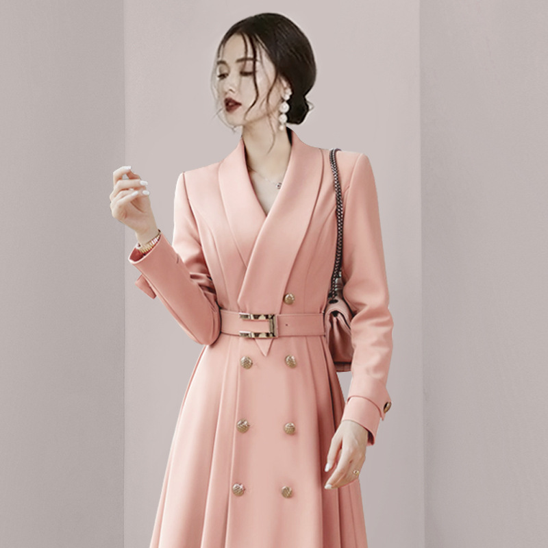 Picture of 2025 Guangzhou New Spring and Autumn Elegant Pink Trench Coat for Women, Double-Breasted with Tie, Mid-Length Fashionable Jacket