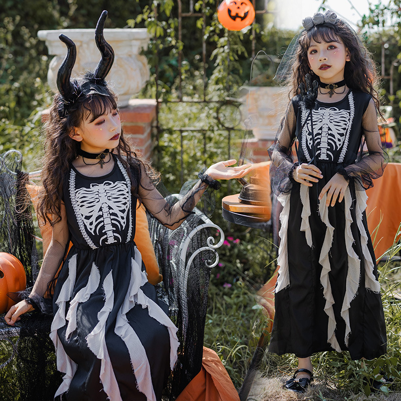 Halloween Costume Kids Girl Dark Devil Bride Long Dress Vampire Skeleton Zombie Costume Kids Costume
