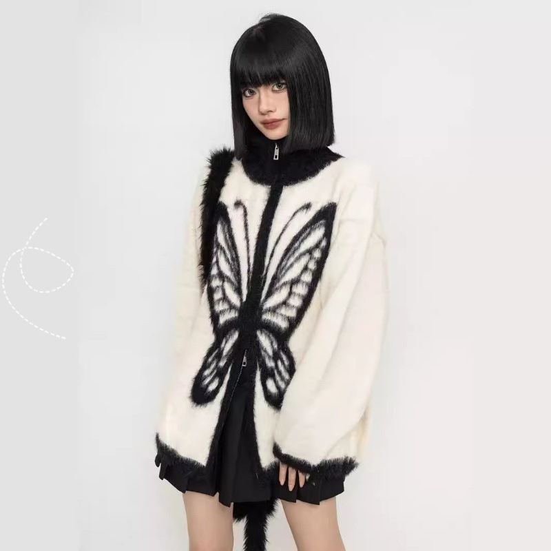 2024 American Retro Butterfly Heavy Sweater Lazy Style Autumn and Winter Fashionable Snow Mink Velvet Warm Knitted Cardigan Jacket