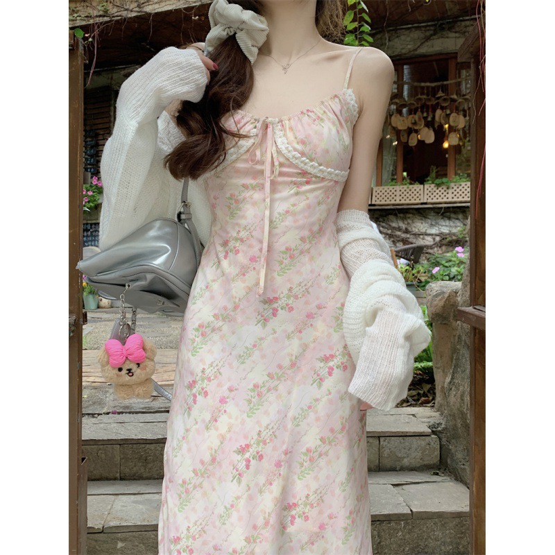 2024 Summer Design Sense Lazy Apricot Sweater Cardigan Lace with Floral Sling Dress French Long Dress