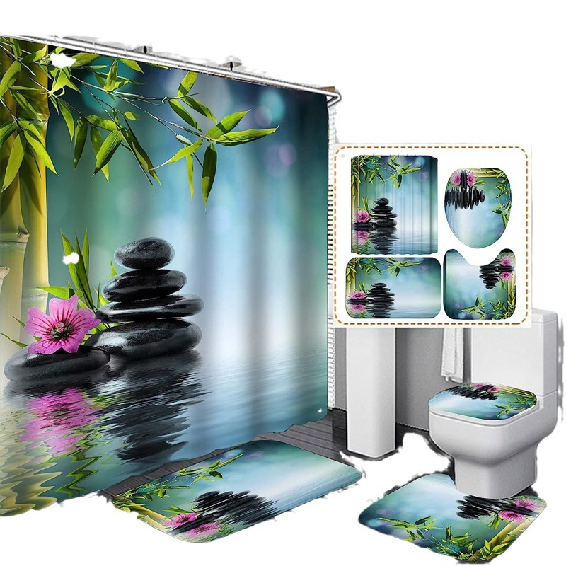 Cross-border supply non-perforated waterproof shower curtain bathroom partition bathroom thickened printed hanging curtain manufacturers wholesale