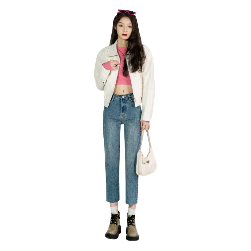 Vintage Straight-Leg Jeans Women's Pear-Shaped Body 2023 New Autumn High Waist Slimming Ankle-Fit Cigarette Pants for Petite