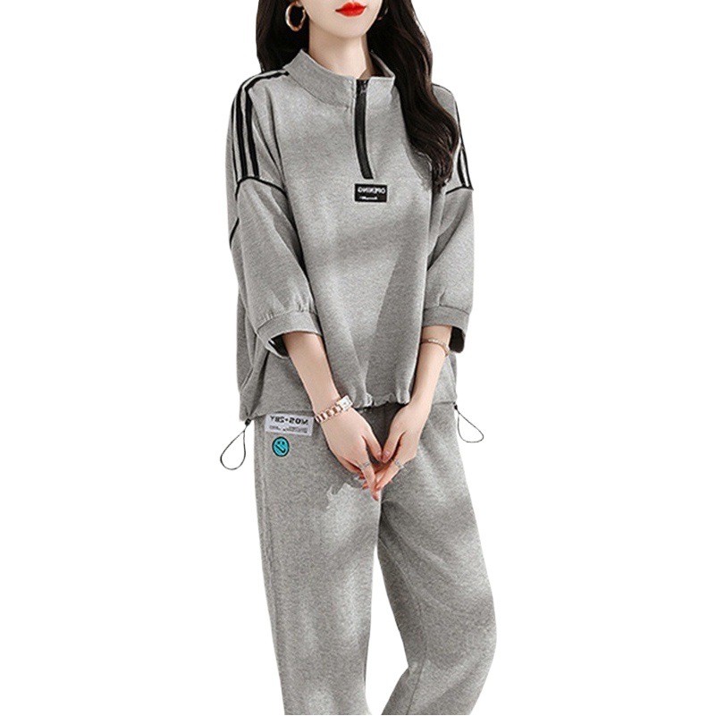 Fashion casual sportswear suit women's summer 2023 Korean style loose gray sweater sweatpants running two-piece suit