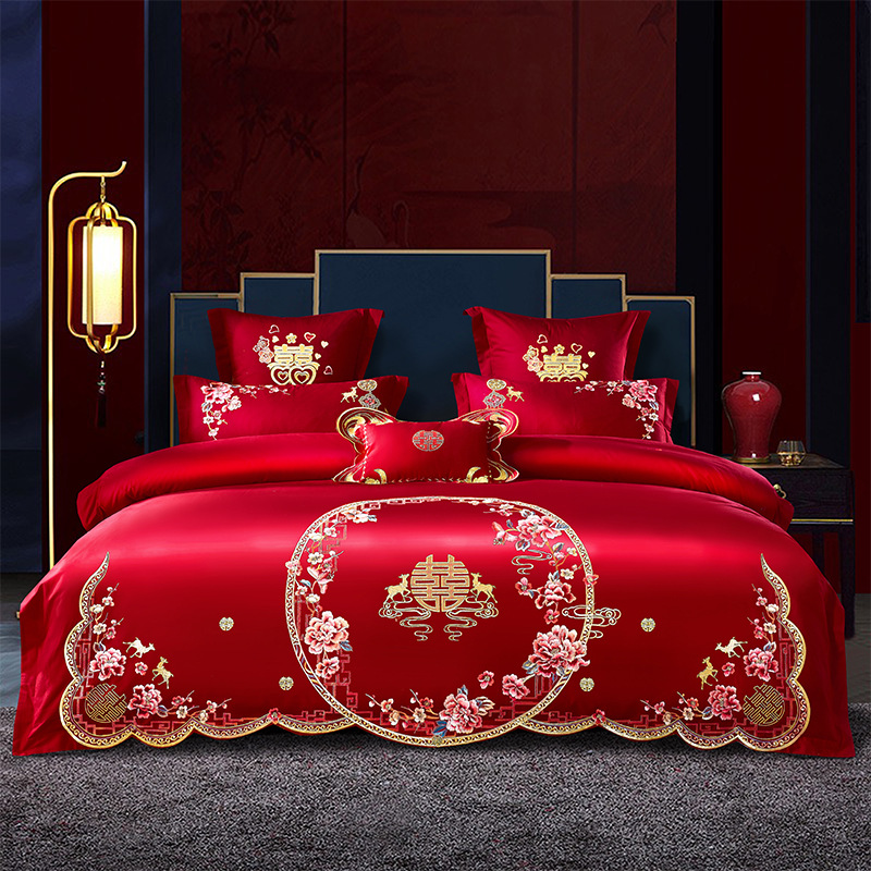 Picture of Wedding Four-Piece Set Embroidered Wedding Pure Cotton Bright Red Wedding Room Embroidered Bedding Quilt Bedding