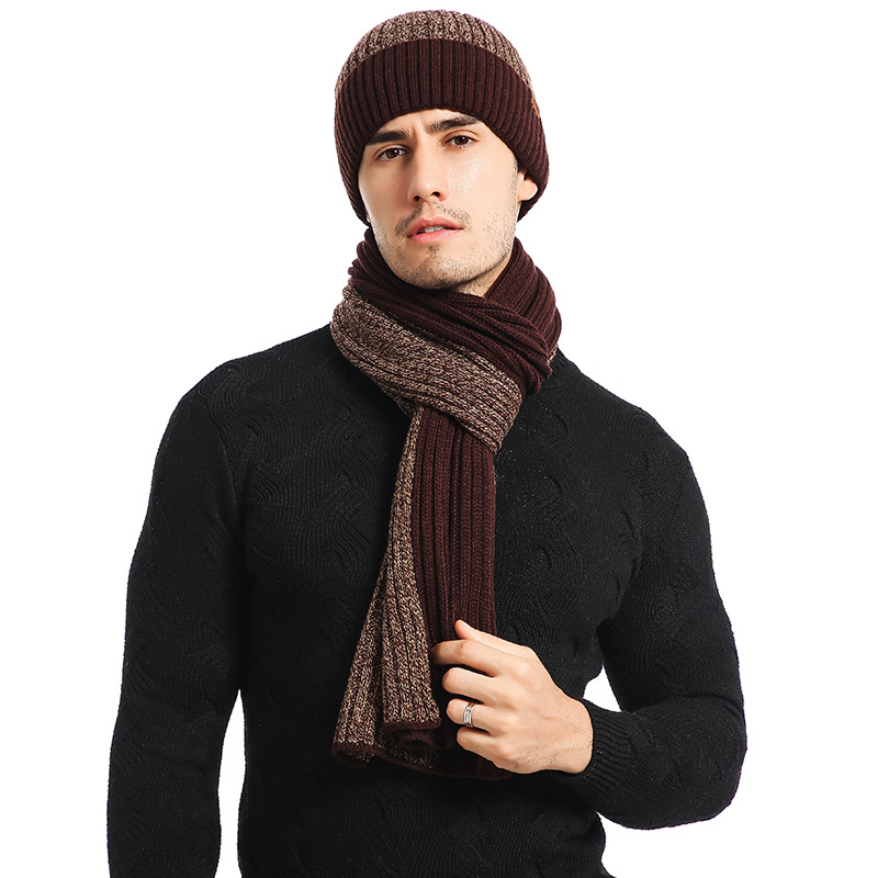 Picture of Amazon autumn and winter New European and American wool hat suit color matching knitted hat thickened scarf gloves three-piece set